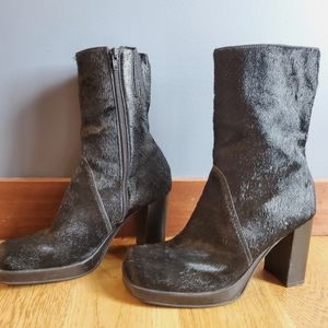 Square toe heeled faux cow hide boot size 10